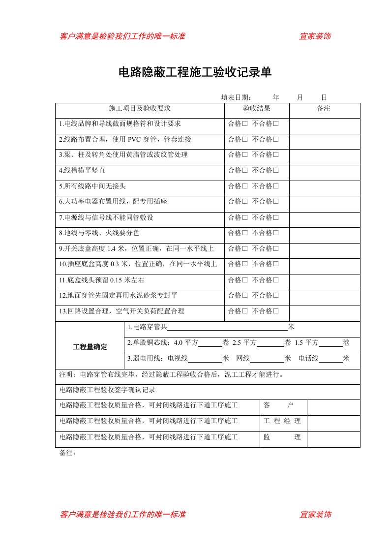 电路隐蔽工程施工验收记录单