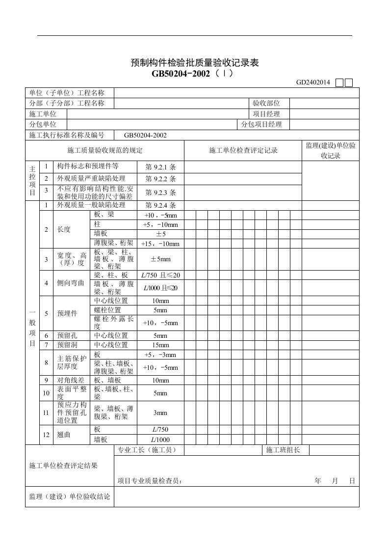 【管理精品】预制构件检验批质量验收记录表Ⅰ