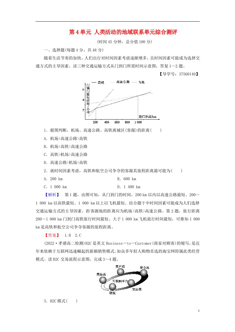 （教师用书）2021-2022学年高中地理第4单元人类活动的地域联系单元综合测评鲁教版必修2