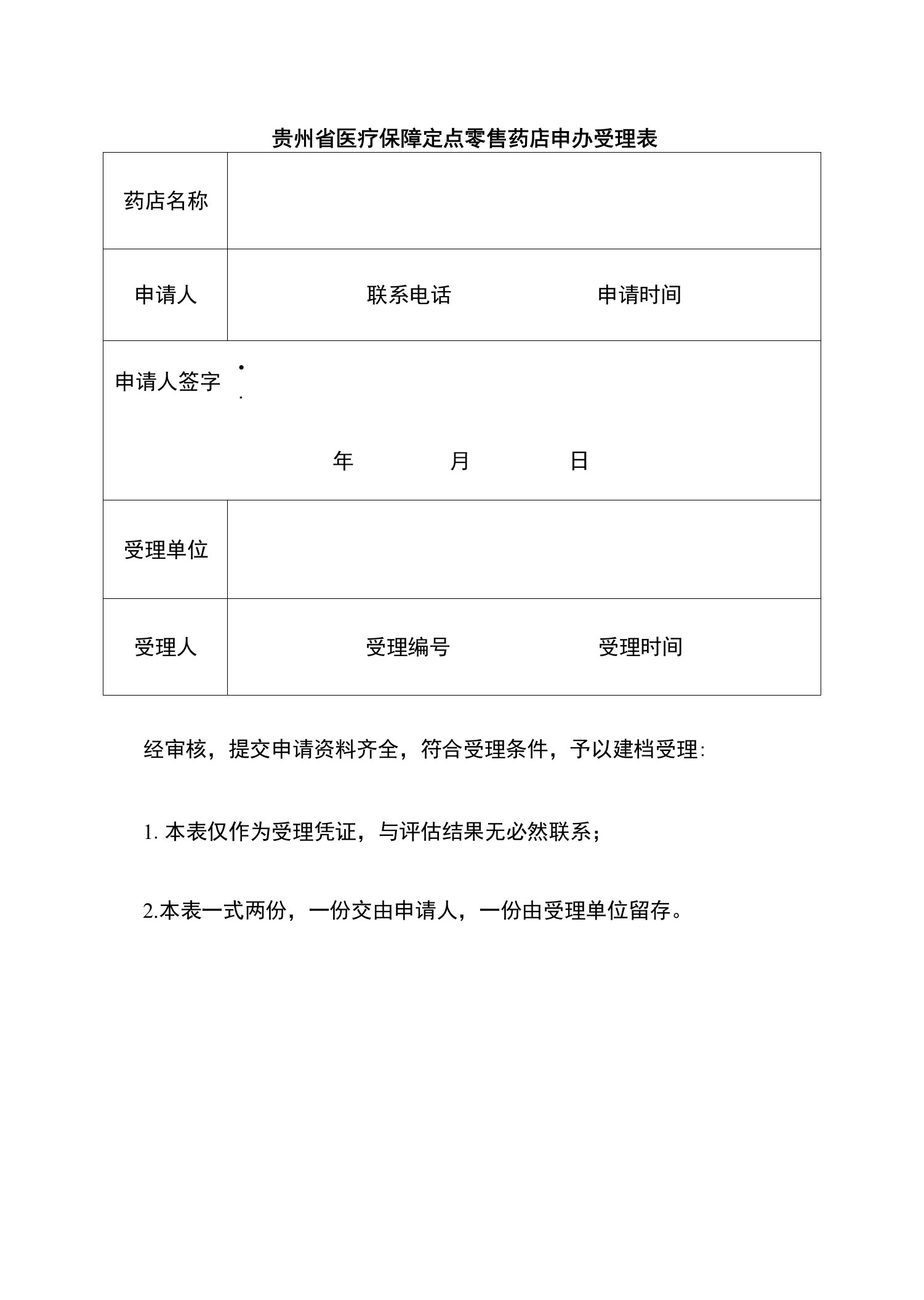 贵州省医疗保障定点零售药店申办受理表