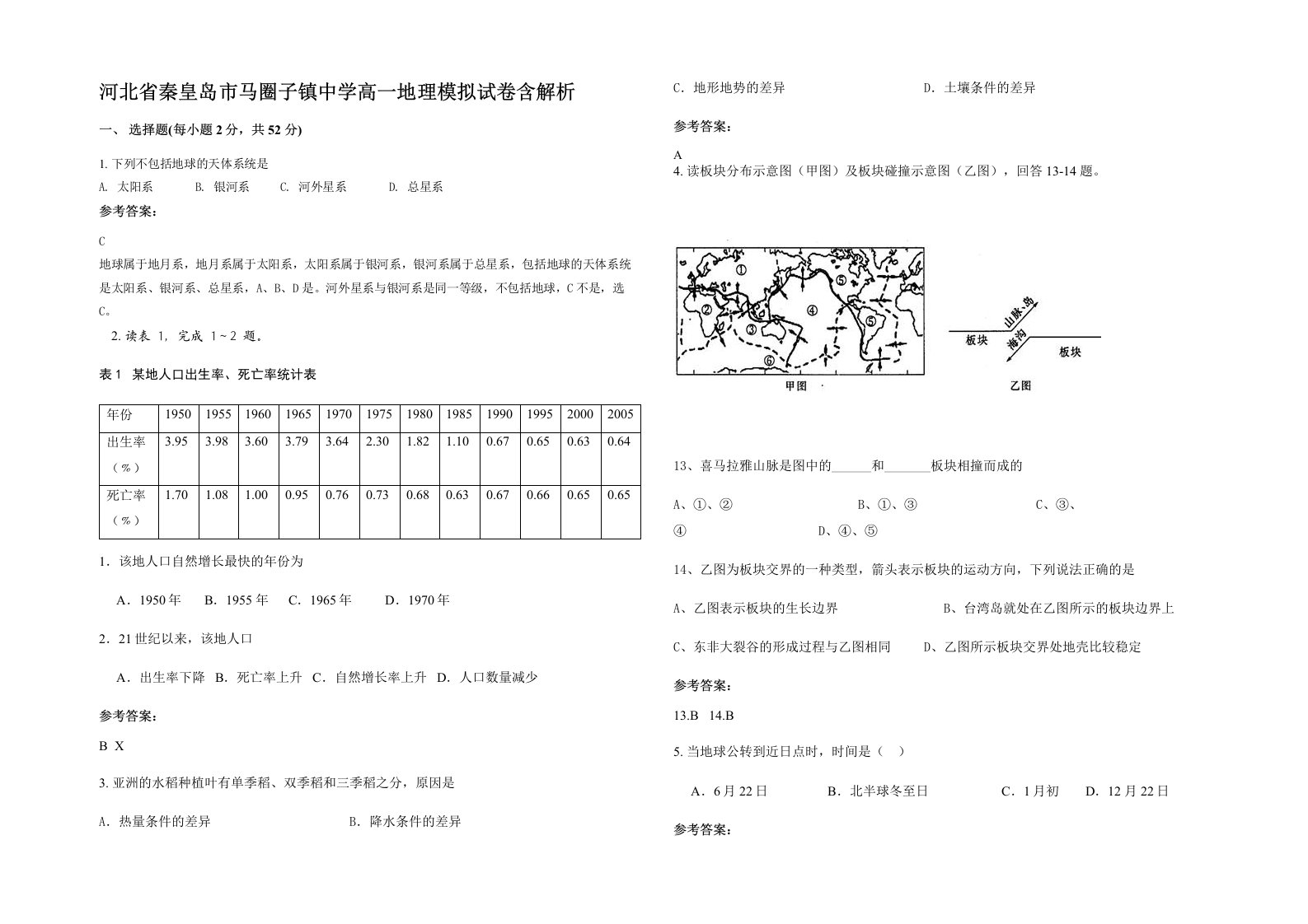 河北省秦皇岛市马圈子镇中学高一地理模拟试卷含解析