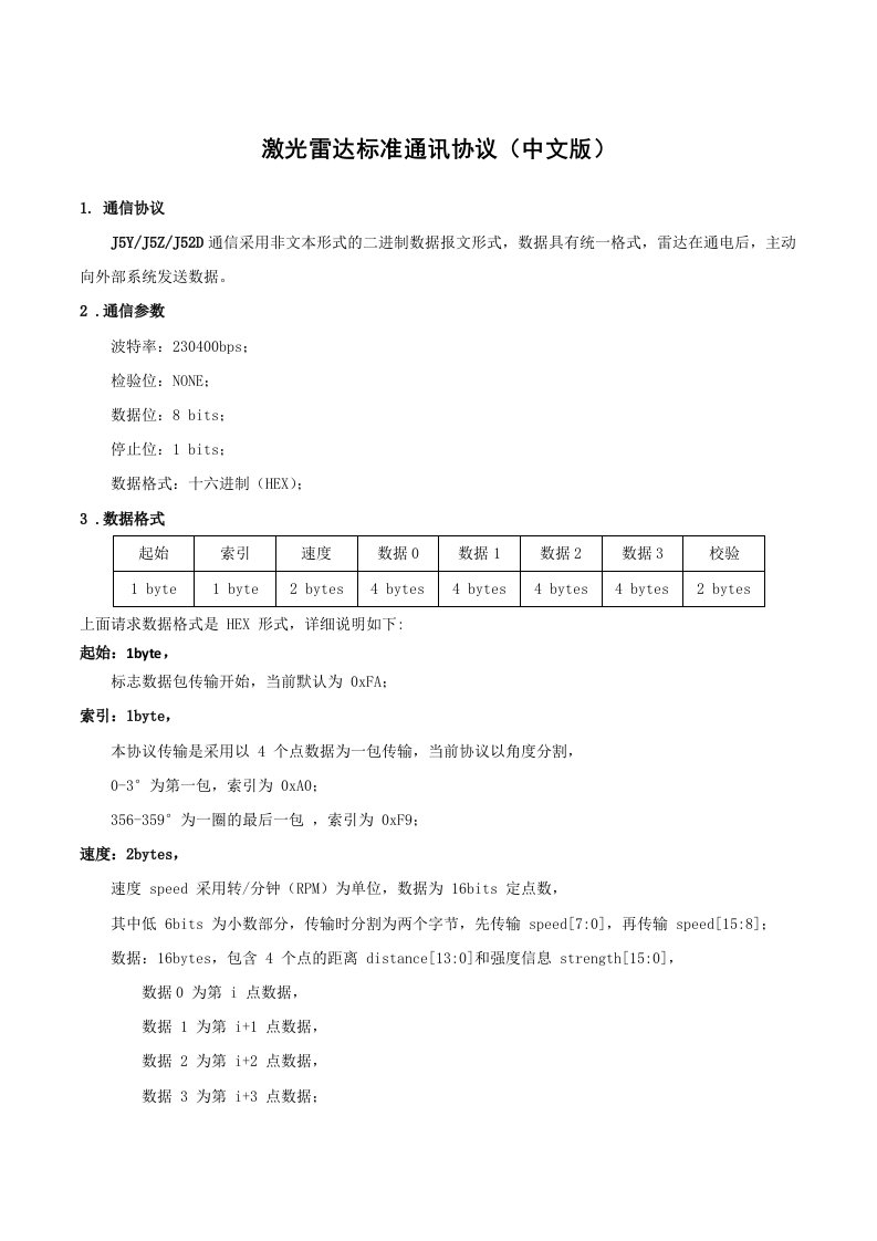 激光雷达标准通讯协议中文版