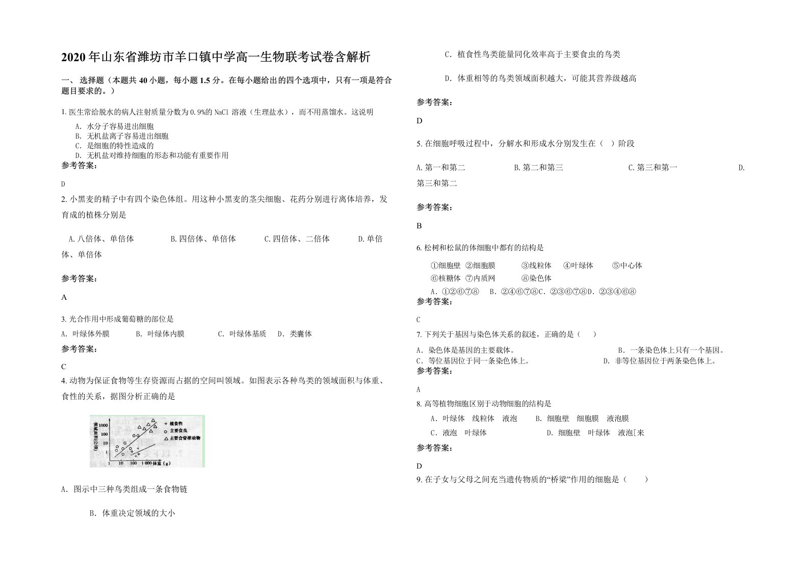 2020年山东省潍坊市羊口镇中学高一生物联考试卷含解析