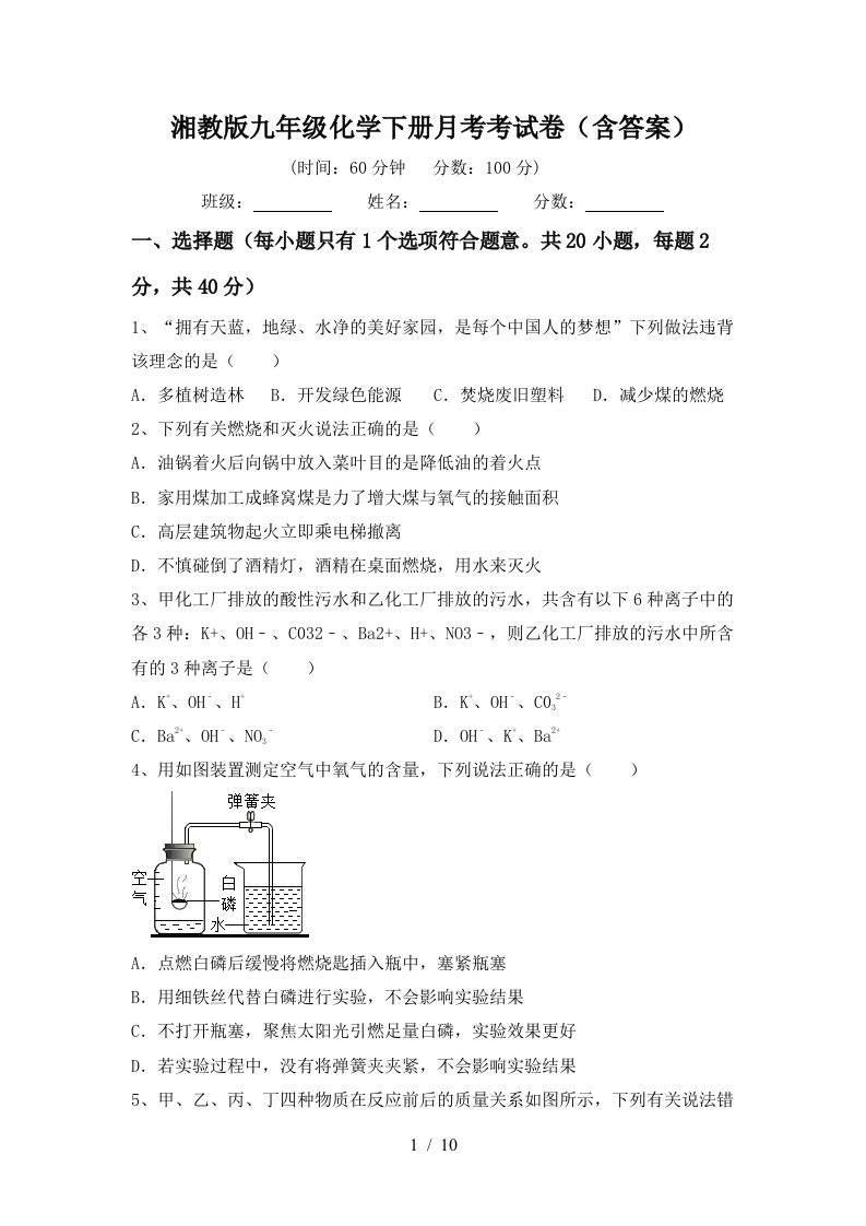 湘教版九年级化学下册月考考试卷含答案