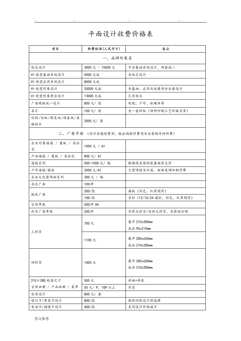 平面设计费价目表