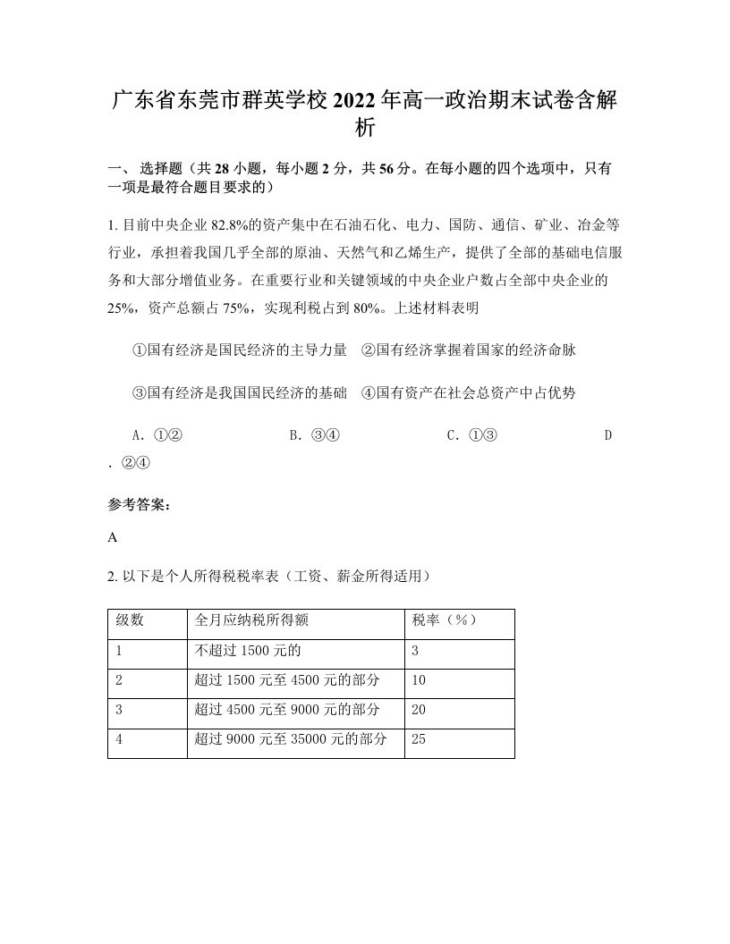 广东省东莞市群英学校2022年高一政治期末试卷含解析