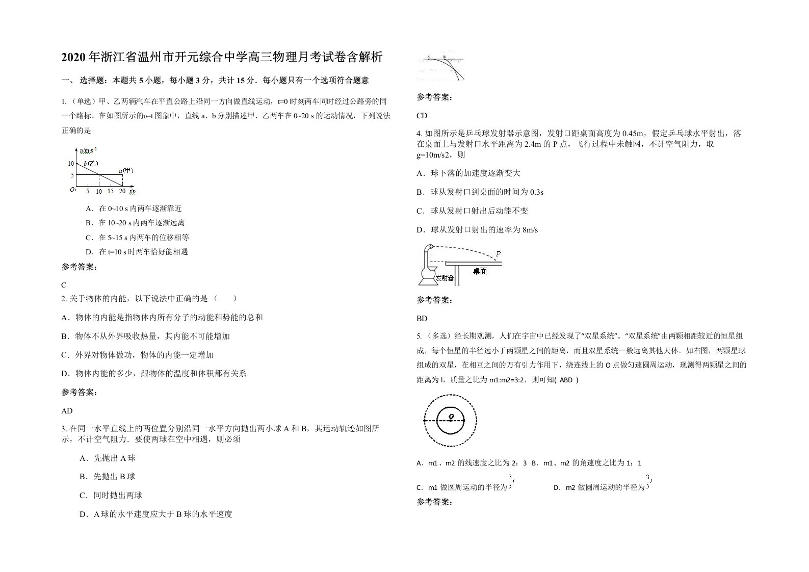 2020年浙江省温州市开元综合中学高三物理月考试卷含解析