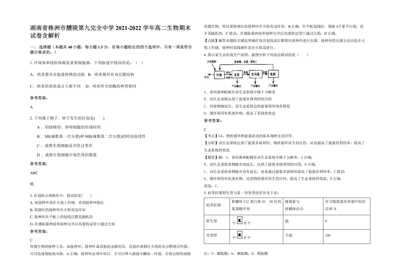 湖南省株洲市醴陵第九完全中学2021-2022学年高二生物期末试卷含解析