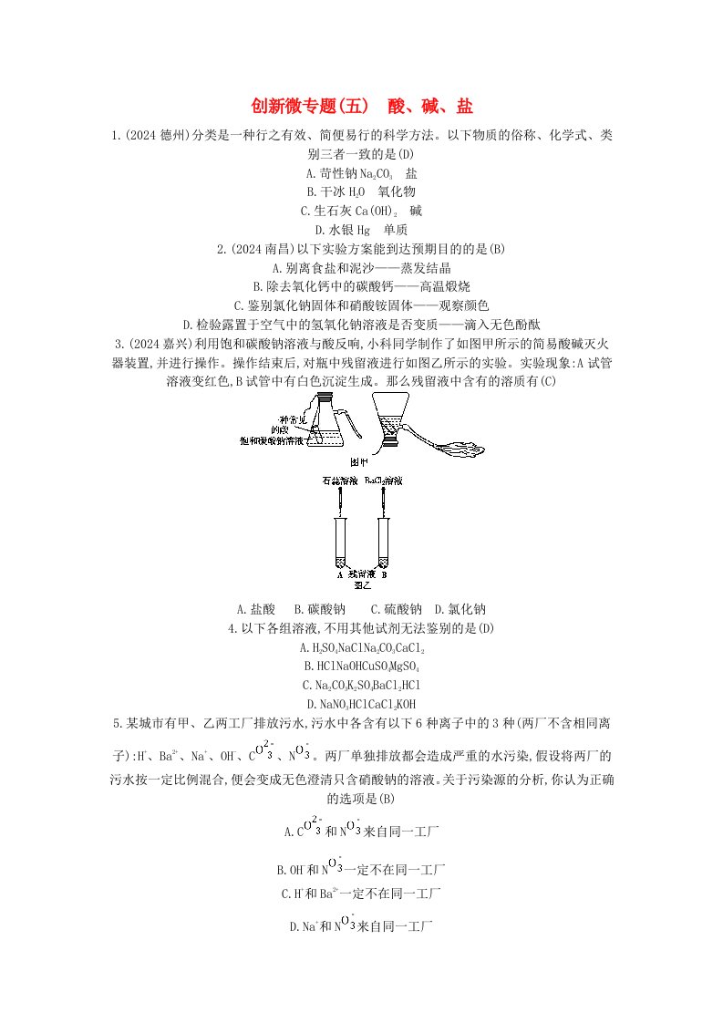 2024届九年级化学下册第十一单元盐化肥创新微专题五酸碱盐练习新版新人教版