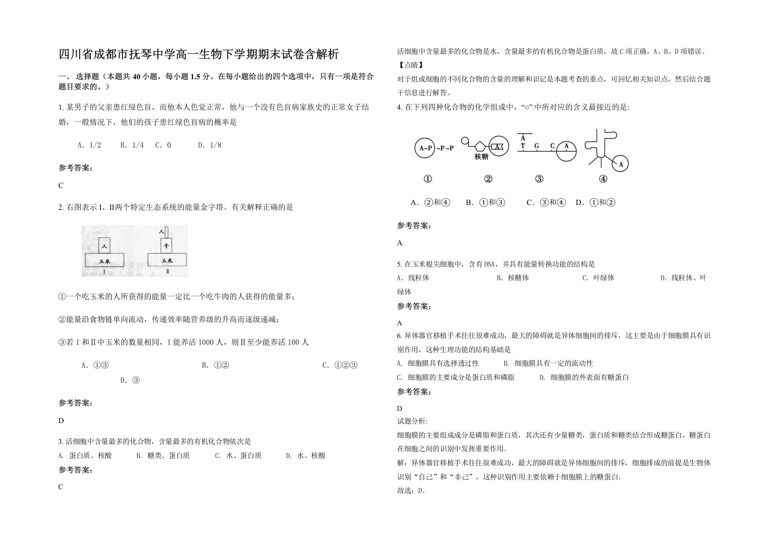 四川省成都市抚琴中学高一生物下学期期末试卷含解析