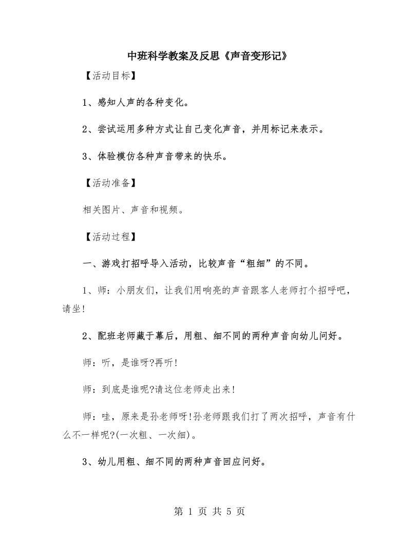 中班科学教案及反思《声音变形记》