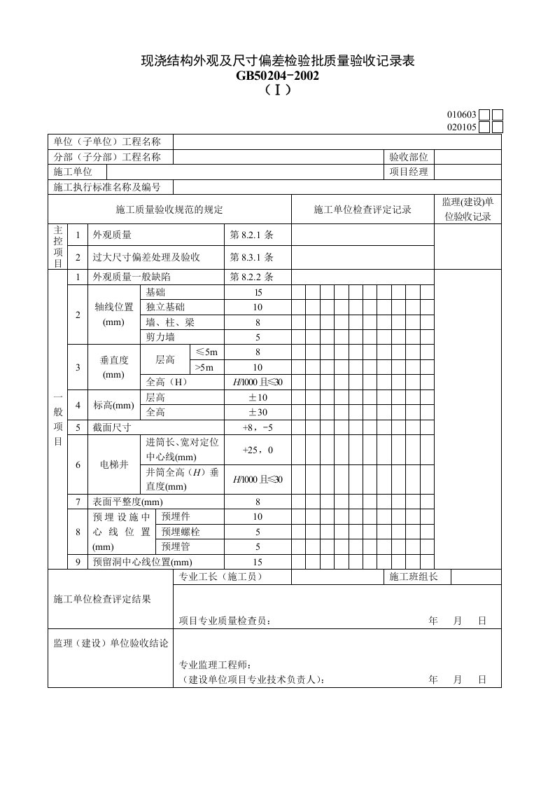 020105Ⅰ现浇结构外观及尺寸偏差