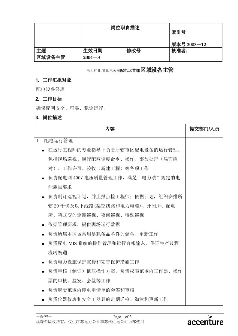 电力行业-某供电公司配电运营部区域设备主管岗位职责描述(doc)-设备管理