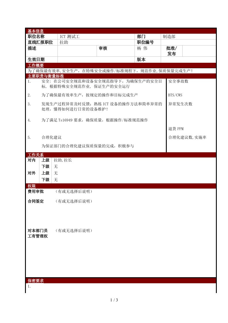 某大型电子公司制造部ICT测试工职位说明书