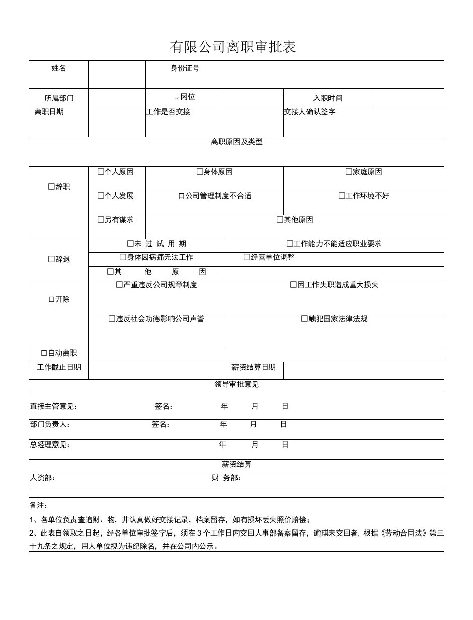 有限公司离职审批表