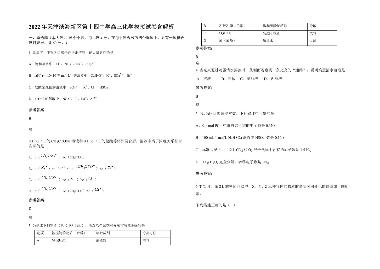 2022年天津滨海新区第十四中学高三化学模拟试卷含解析