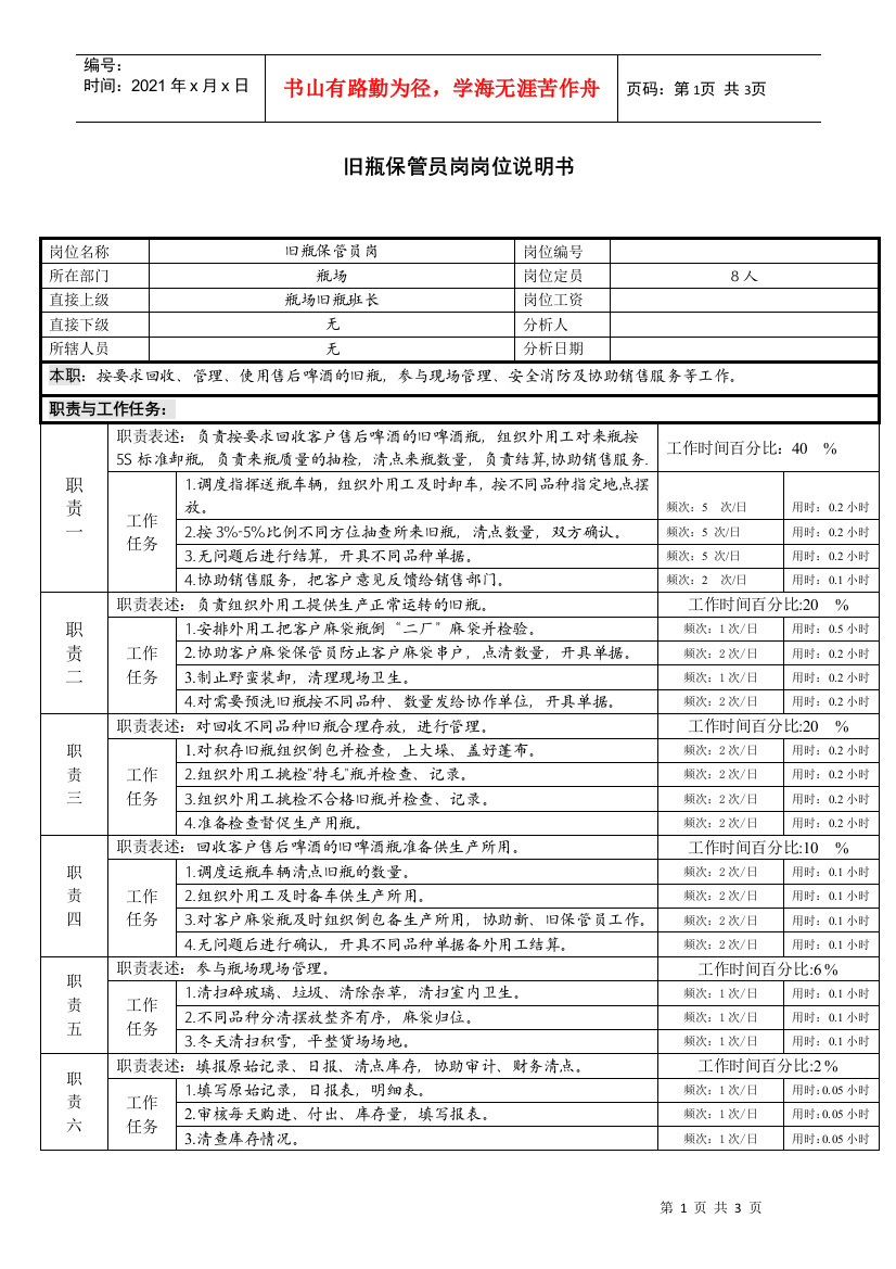 某啤酒企业瓶厂旧瓶保管岗位说明书