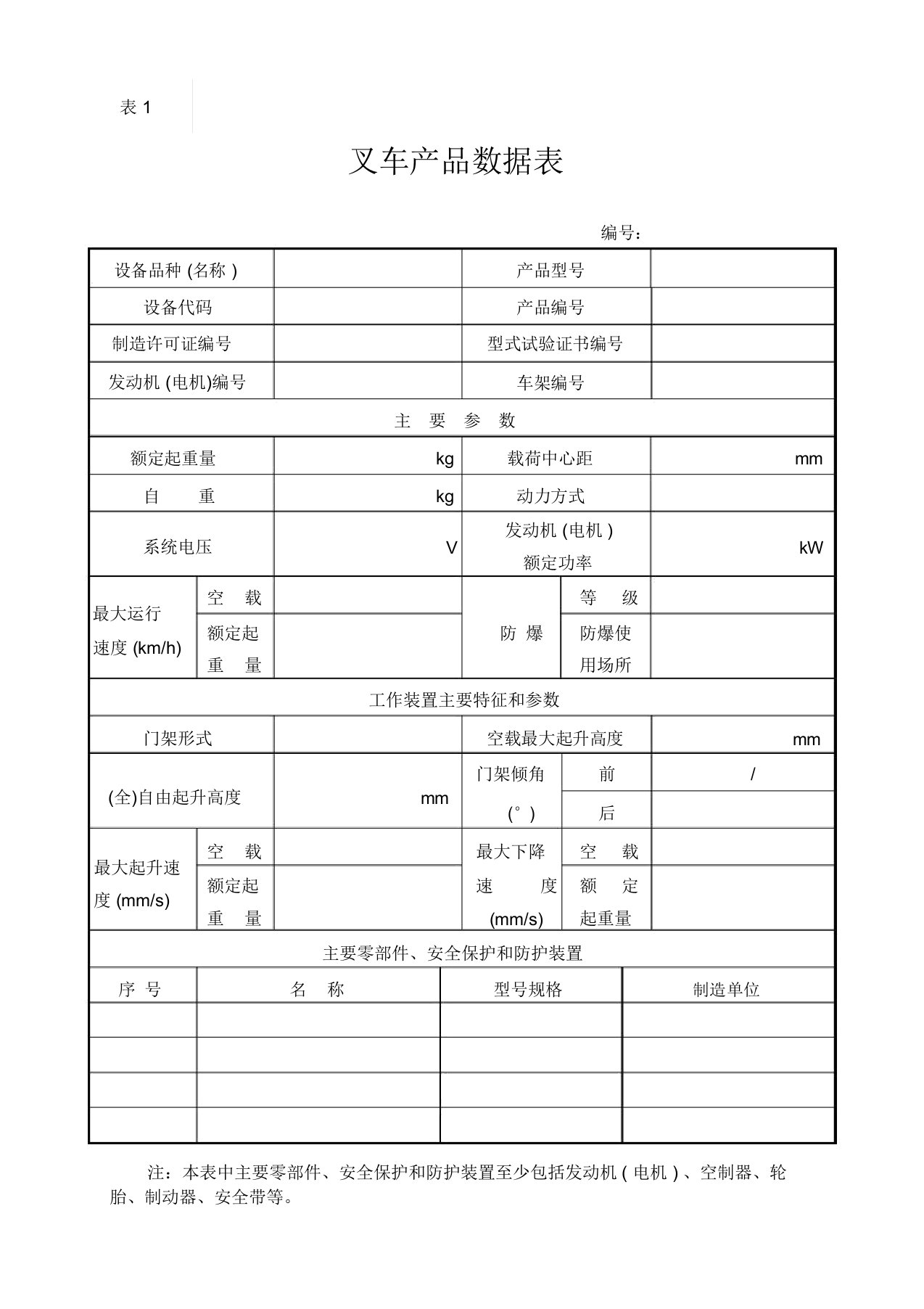 叉车产品数据表