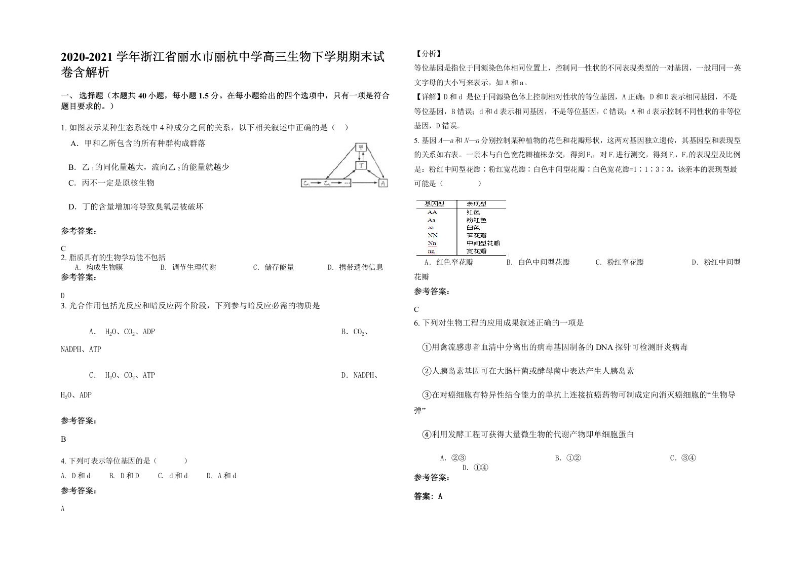 2020-2021学年浙江省丽水市丽杭中学高三生物下学期期末试卷含解析