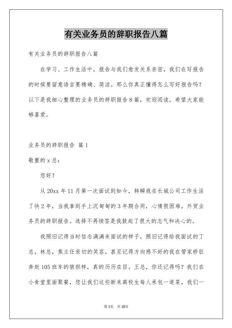 有关业务员的辞职报告八篇