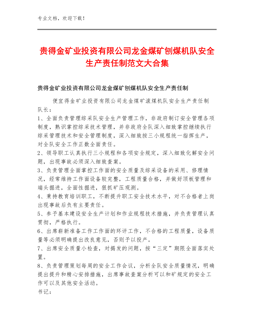 贵得金矿业投资有限公司龙金煤矿刨煤机队安全生产责任制范文大合集