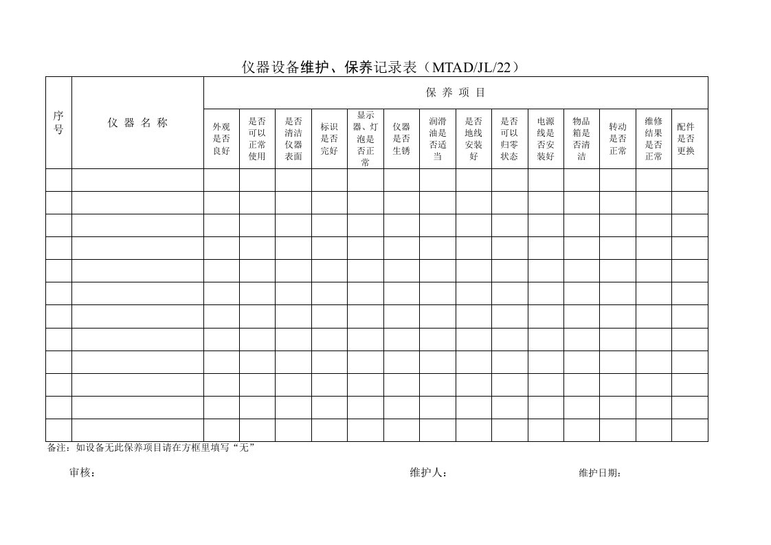 仪器设备维护、保养记录表