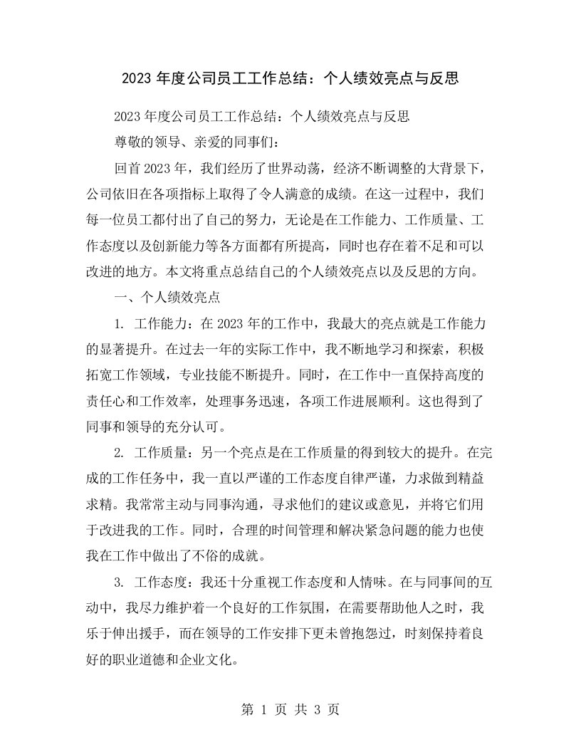 2023年度公司员工工作总结：个人绩效亮点与反思