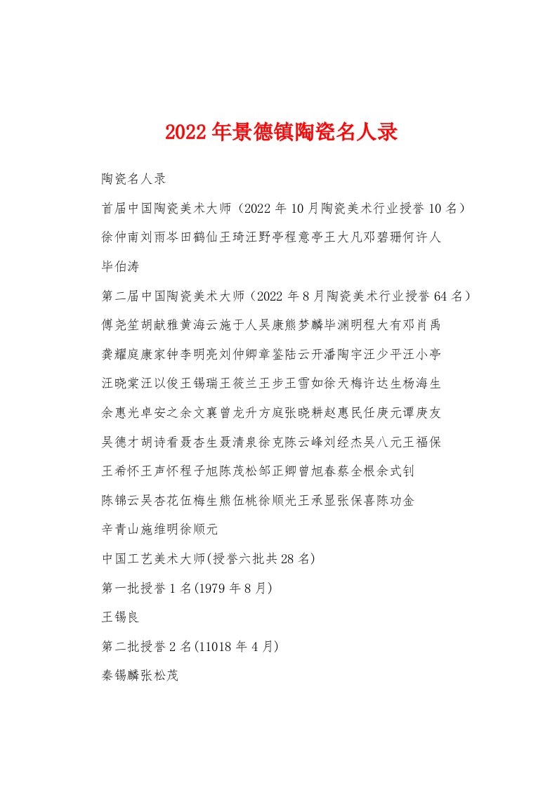 2022年景德镇陶瓷名人录