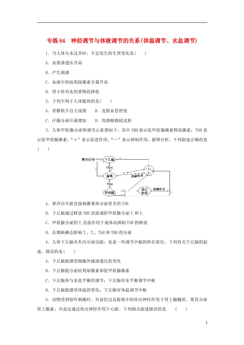 2023版高考生物第一部分专题练专练64神经调节与体液调节的关系体温调节水盐调节