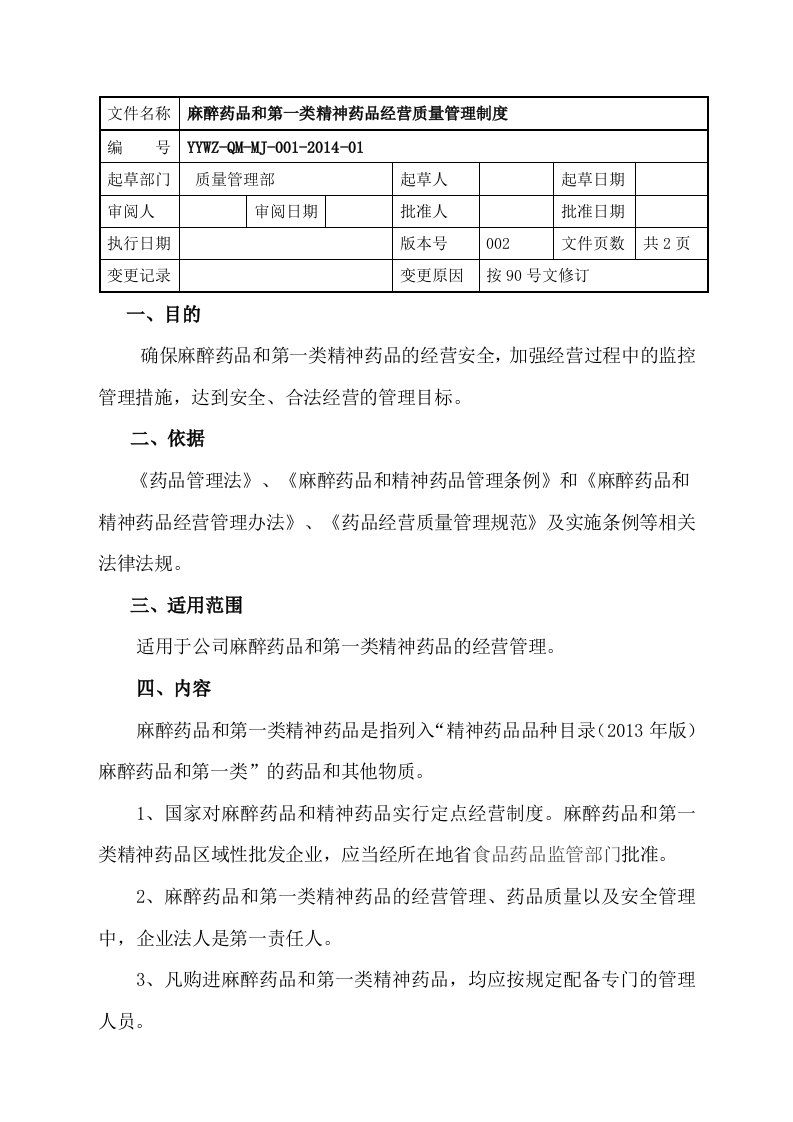 麻醉药品第一类精神药品质量管理制度