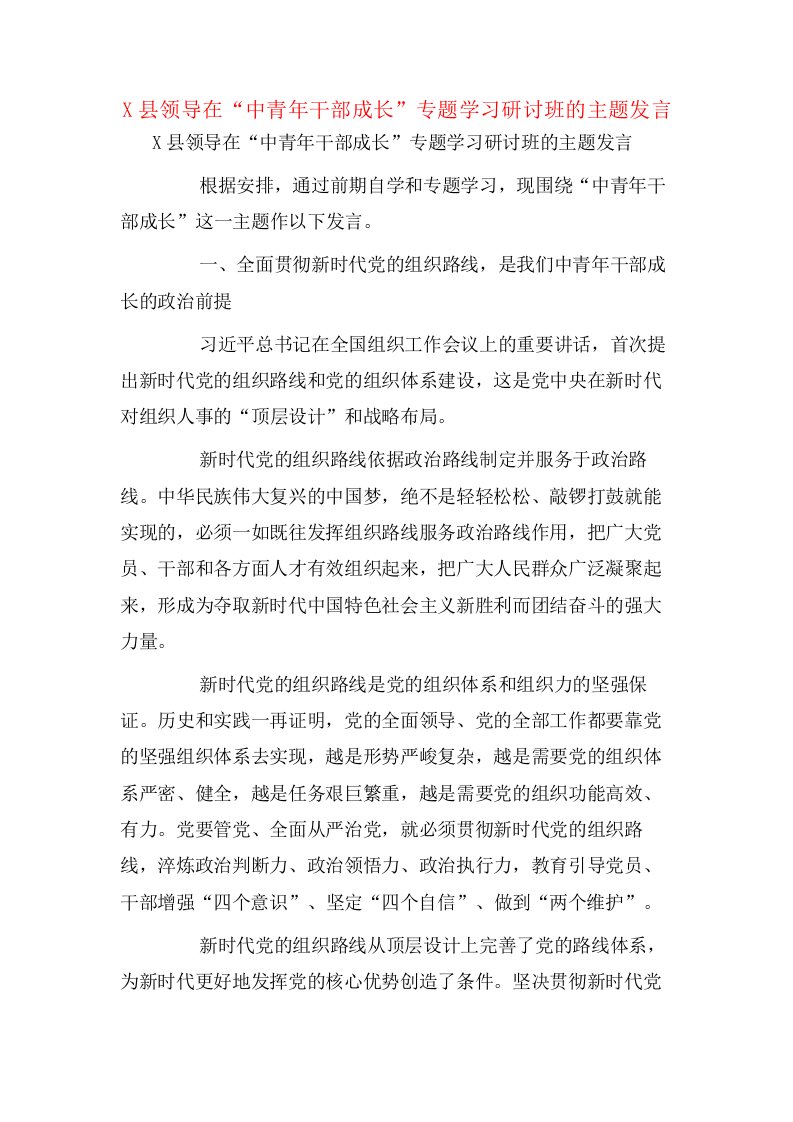 X县领导在“中青年干部成长”专题学习研讨班的主题发言