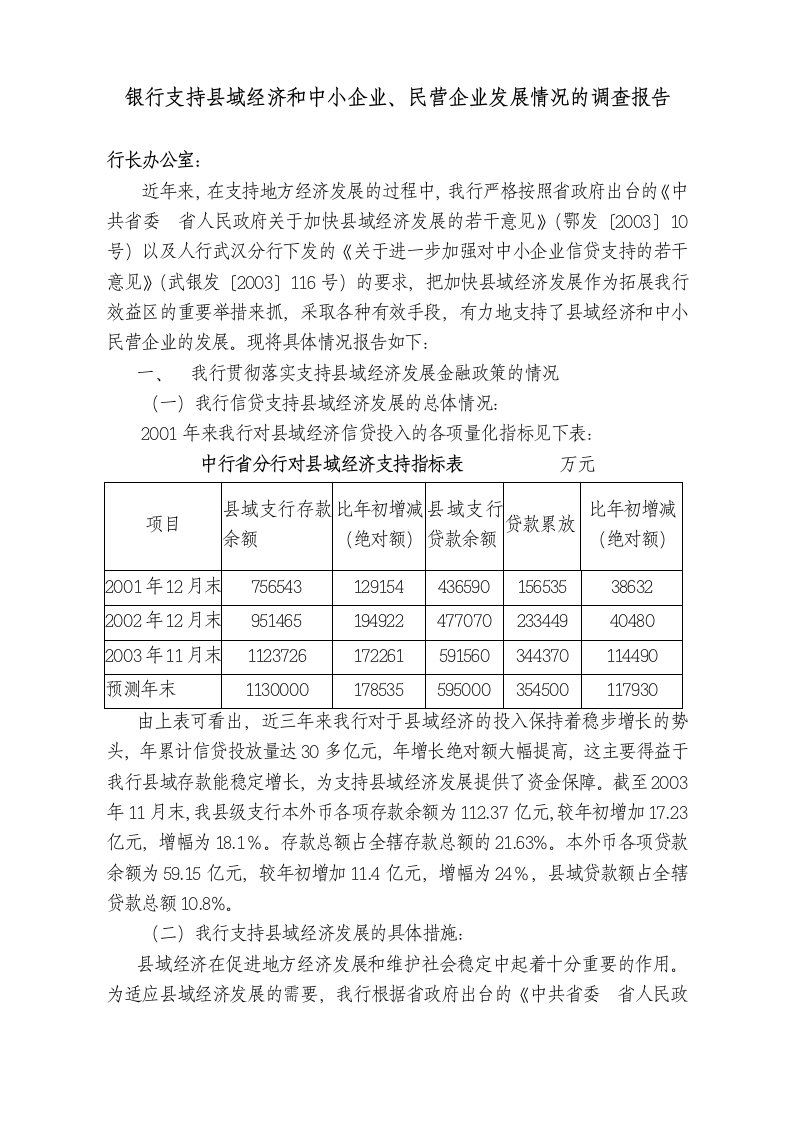 银行支持县域经济和中小企业、民营企业发展情况的调查报告