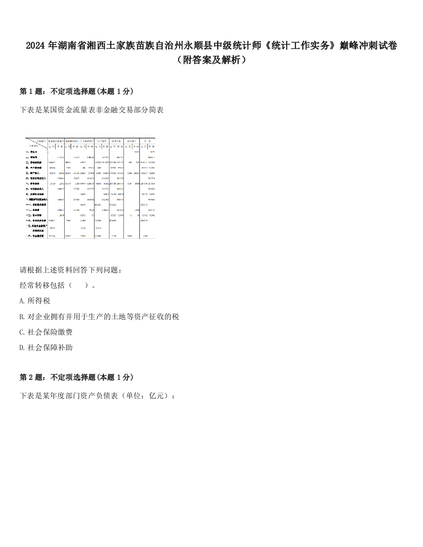 2024年湖南省湘西土家族苗族自治州永顺县中级统计师《统计工作实务》巅峰冲刺试卷（附答案及解析）