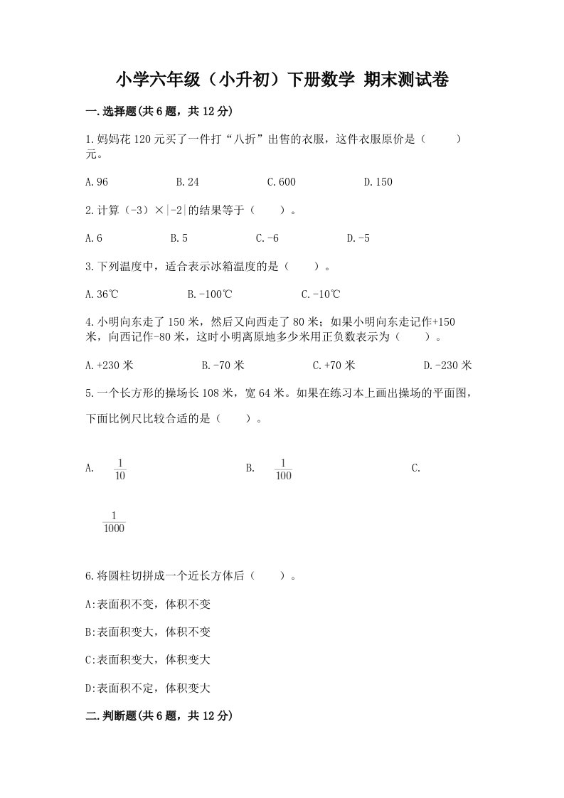 小学六年级（小升初）下册数学