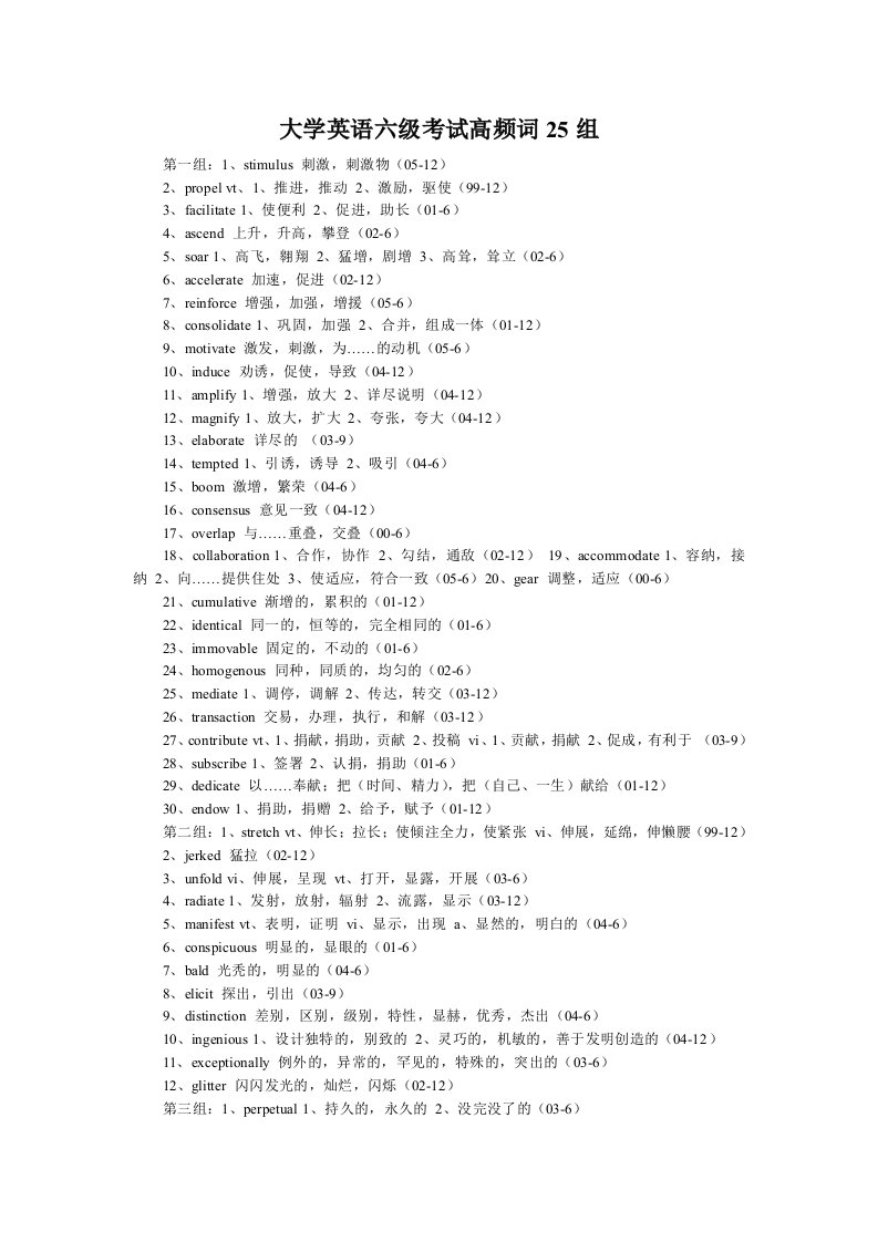 大学英语六级考试高频词25组