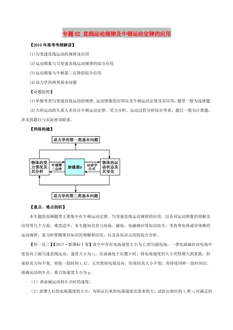 2019年高考物理考纲解读与热点难点突破专题02直线运动规律及牛顿运动定律的应用教学案