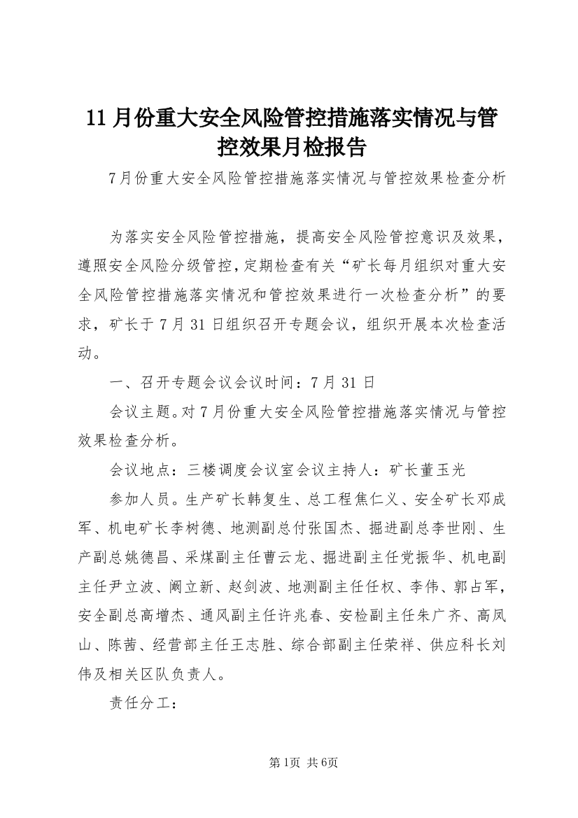 11月份重大安全风险管控措施落实情况与管控效果月检报告