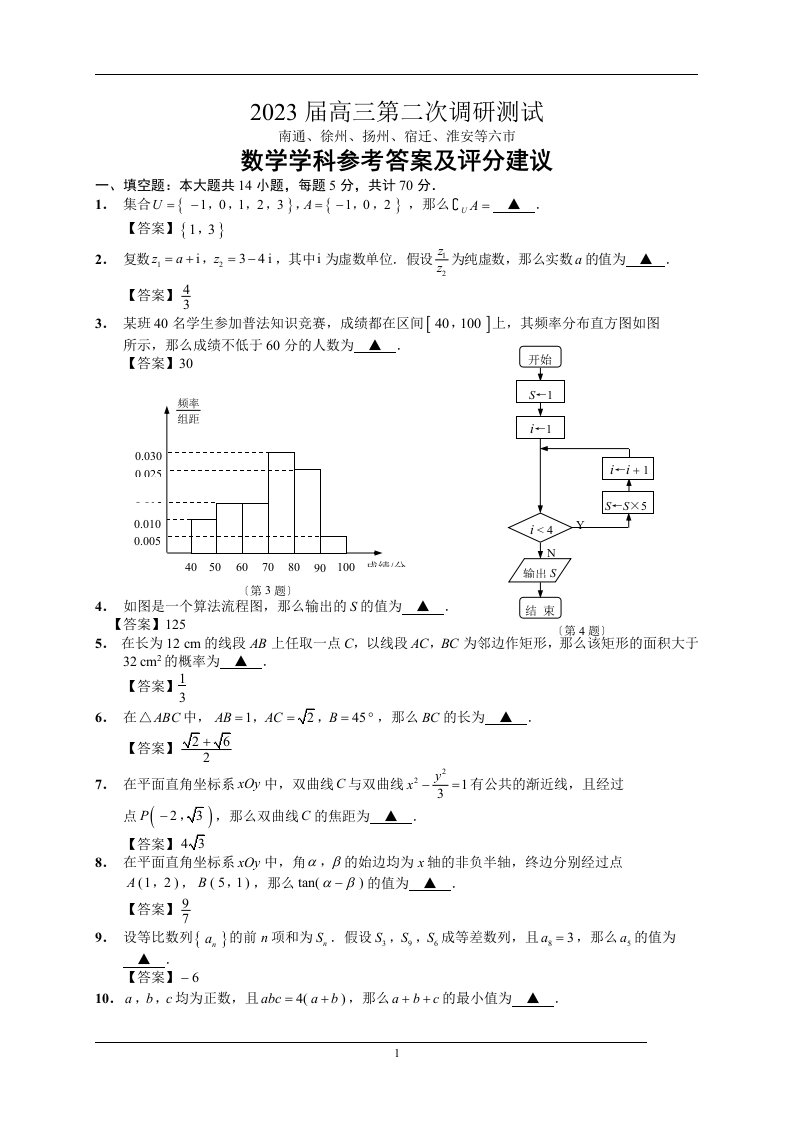 精选江苏省南通、徐州、扬州等六市2023届高三第二次调研(二模)测试数学试题(有附加题)