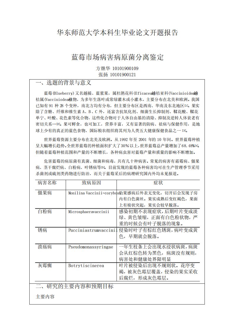 蓝莓市场病害研究开题报告(张扬,方继华)docx-分子植物病理学及其