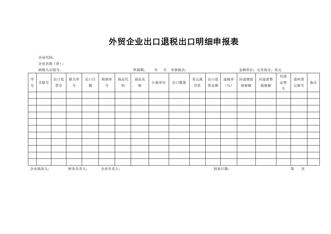 外贸企业出口退税出口明细申报表