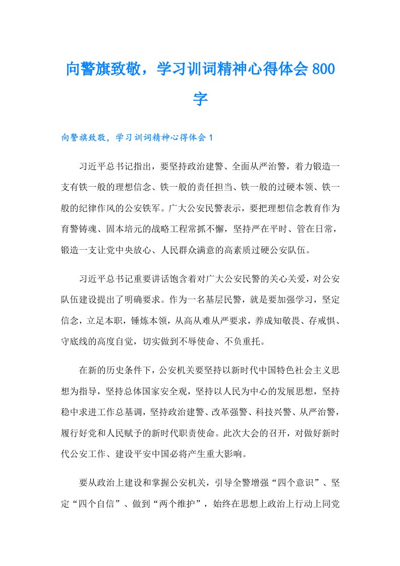 向警旗致敬，学习训词精神心得体会800字