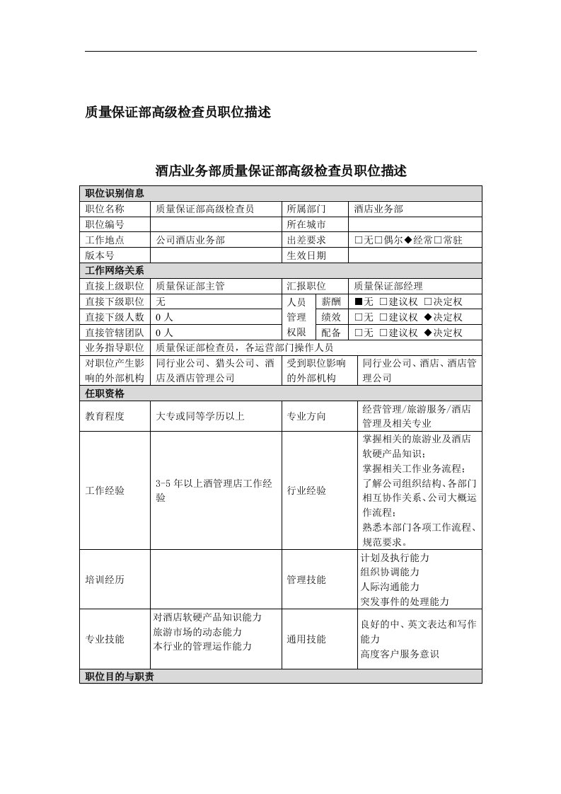 质量保证部高级检查员岗位说明书