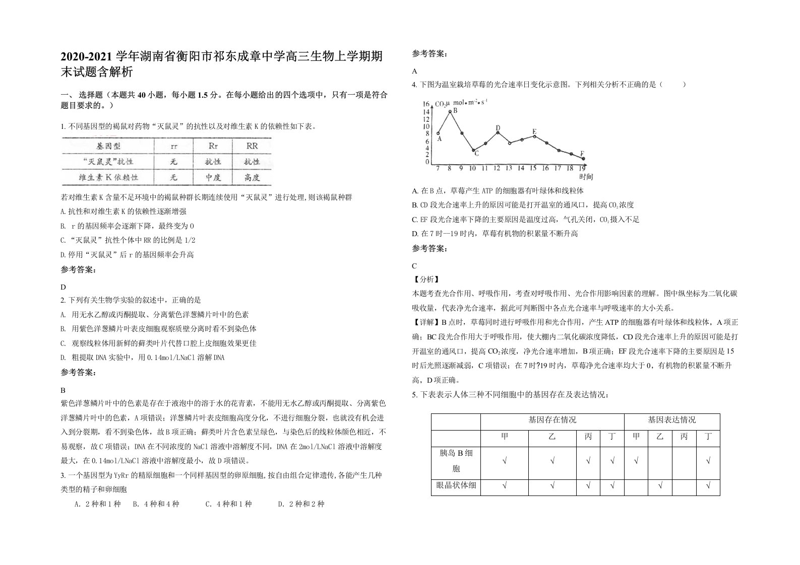 2020-2021学年湖南省衡阳市祁东成章中学高三生物上学期期末试题含解析