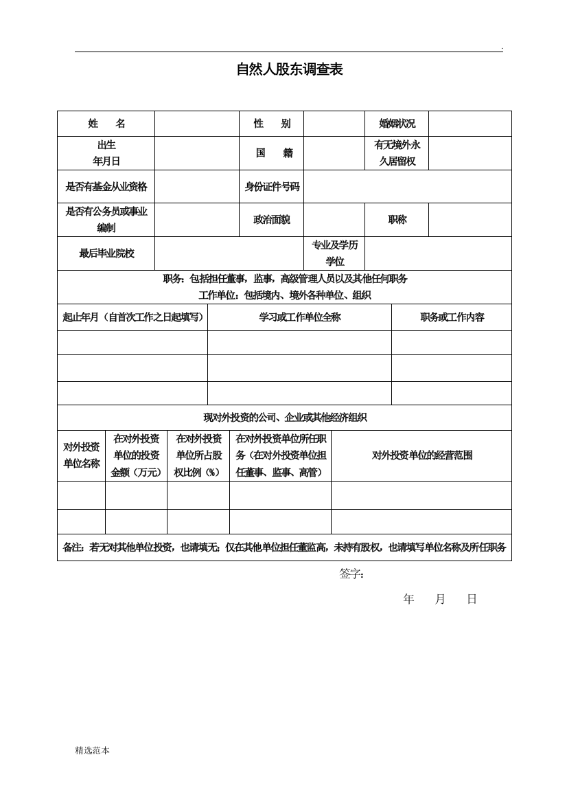 最新版本自然人股东调查表模板