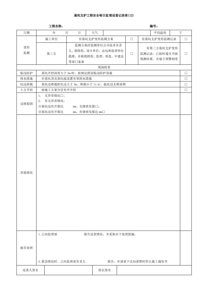 基坑支护工程安全每日监理巡查记录表