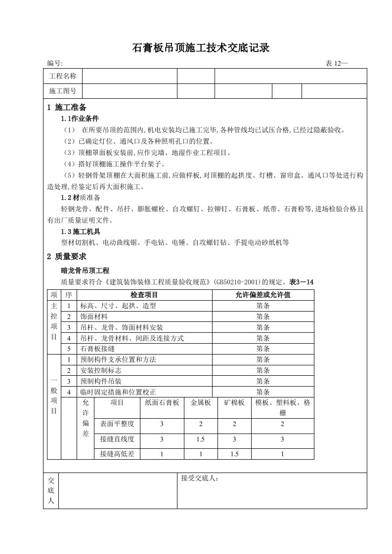 石膏板吊顶技术交底记录