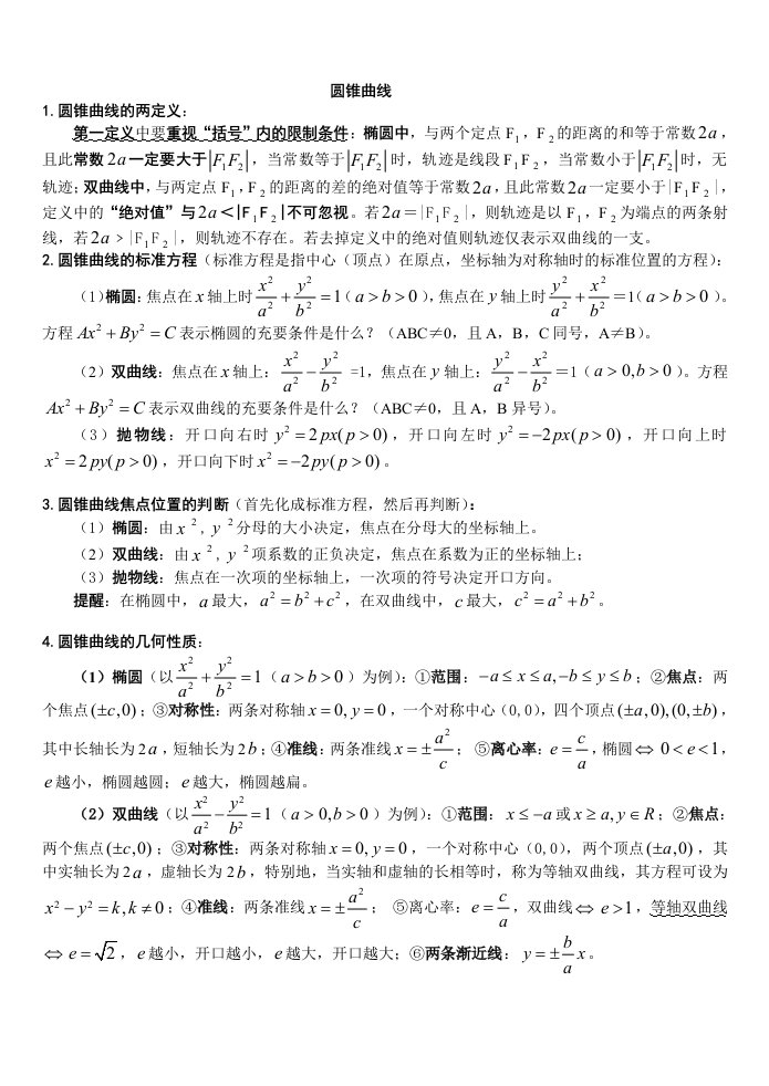 圆锥曲线经典例题及总结全面实用你值得拥有资料