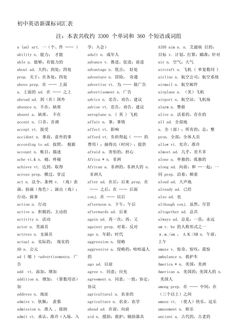 初中英语新课标词汇表打印稿【自整版】