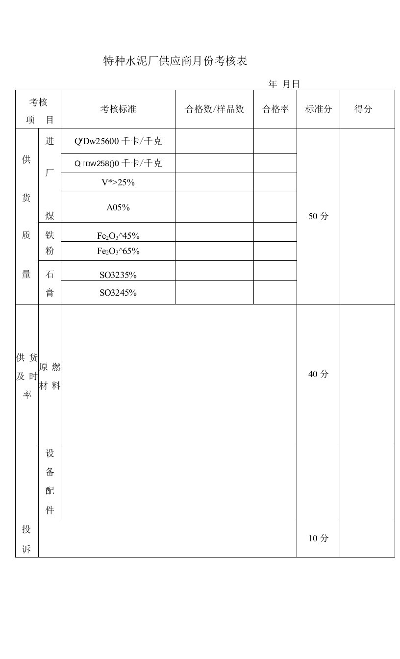 特种水泥厂供应商月份考核表