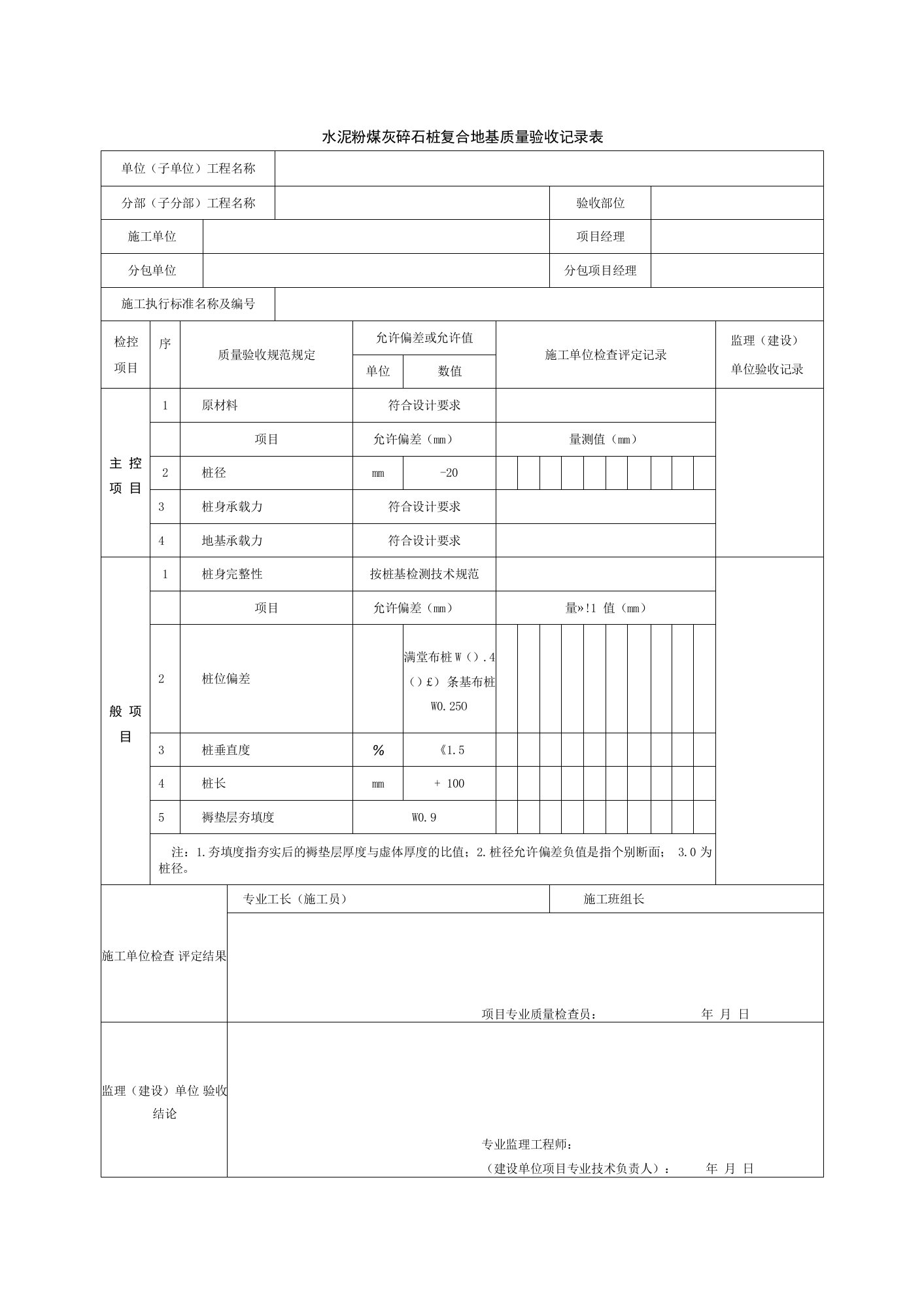 水泥粉煤灰碎石桩复合地基质量验收记录表